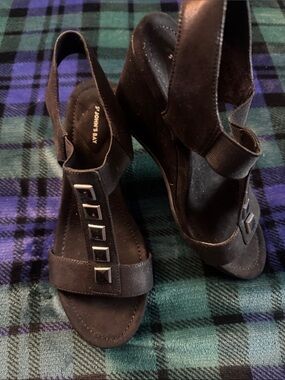 St. John's Bay Black Suede T-Strap Wedge Sandals with Square Studs